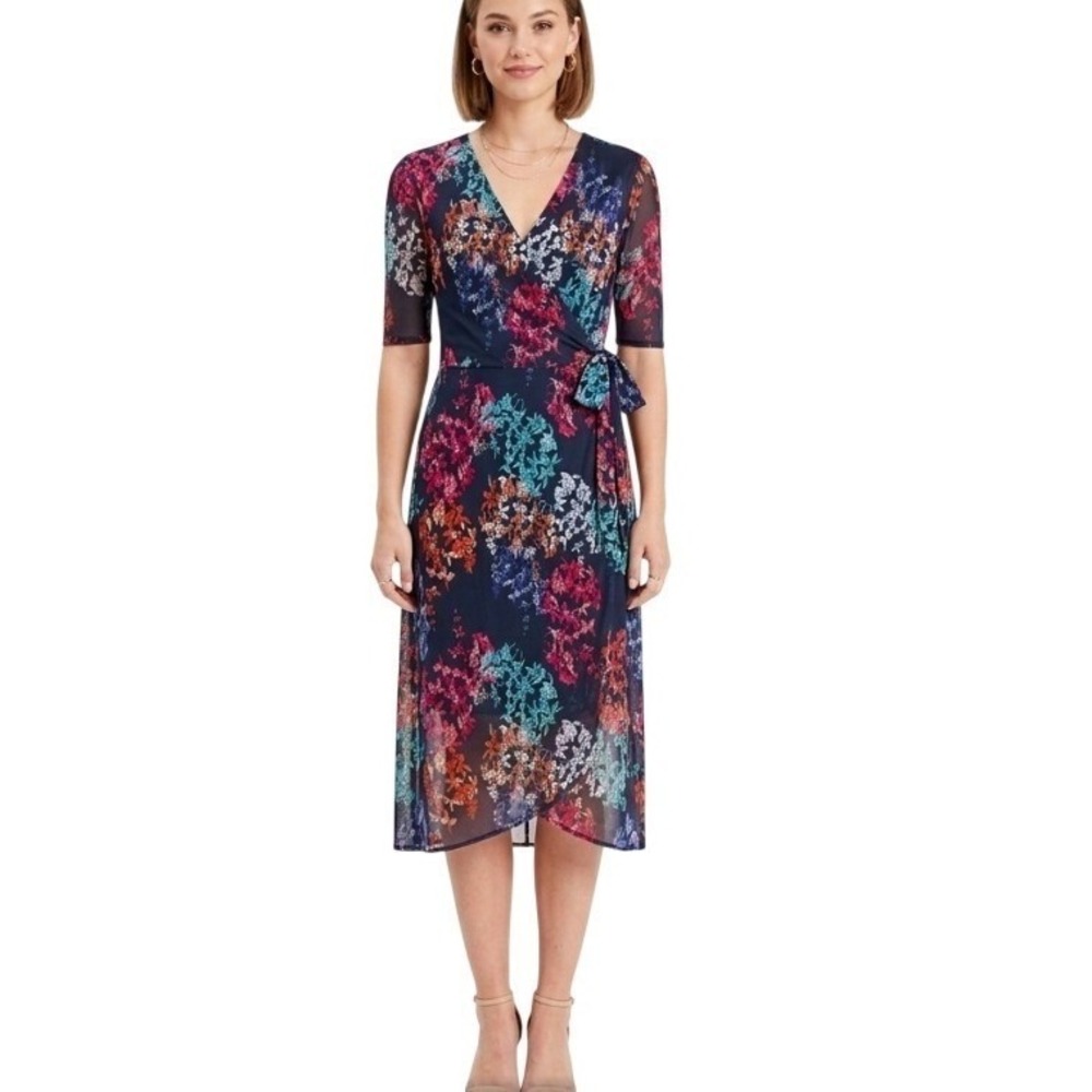 Reba Dress Womens L Blue Floral Chiffon Wrap Tie Waist Midi Lined Half Sleeve